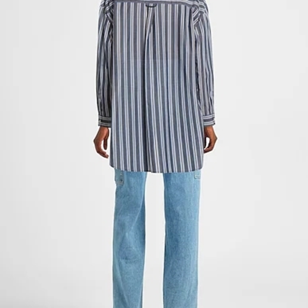 Sandro Navy and White Vertical Stripe Dress Shirt with Contrast Collar - Picture 4 of 9